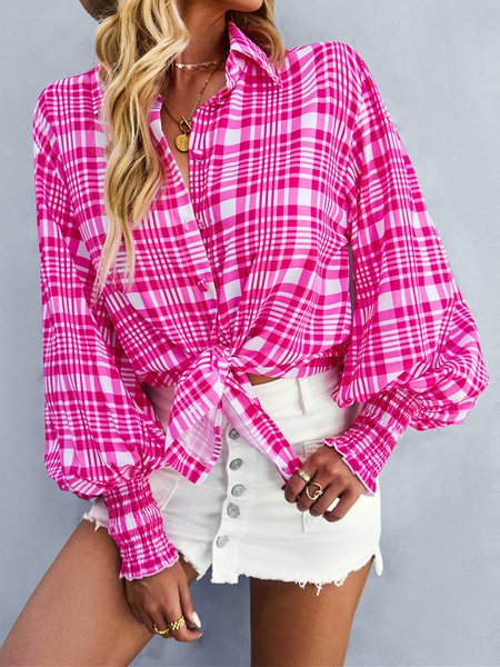 

Women's Urban Casual Check Loose Long Sleeve Shirt Vacation Boho Clothing, Deep pink, Shirts & Blouses