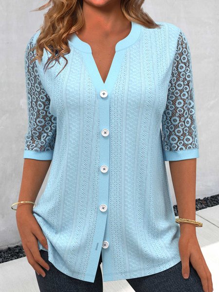 

V Neck Casual Knitted Loose Blouse, Light blue, Shirts & Blouses
