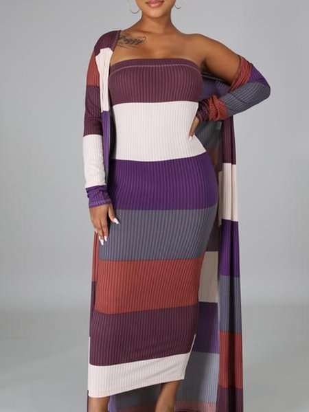 

Elegant Striped Tight Sweater Midi Dress With No Belt, As picture, Midi Dresses