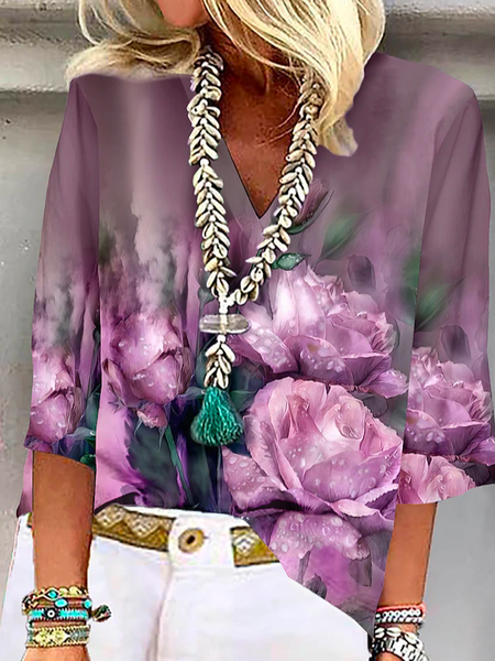 

Floral Loose Casual V Neck Shirt, Pink, Shirts & Blouses