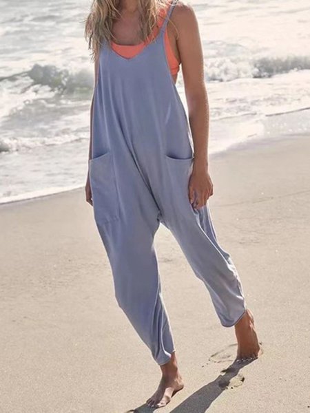 

Casual Plain V Neck Jumpsuit, Light blue, Jumpsuits＆Rompers