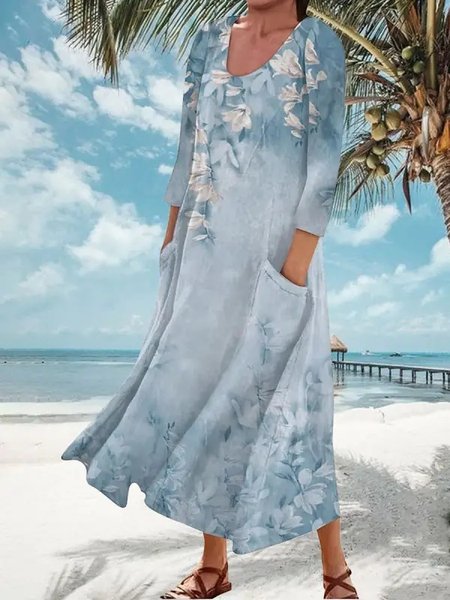 

Loose Crew Neck Floral Casual Dress, Blue, Dresses