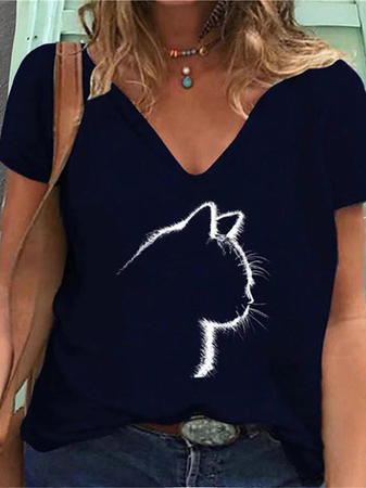 

Women's Cat Graphic Short Sleeve T-Shirt Casual Everyday Clothing, Purplish blue, T-Shirts