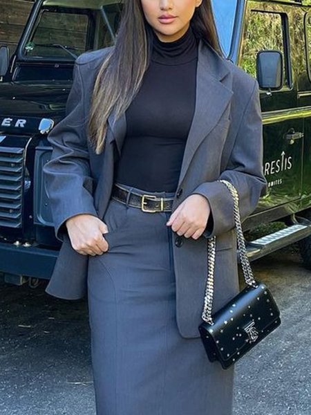 

Urban Loose Lapel Collar Plain Long Sleeve Blazer, Gray, Blazers