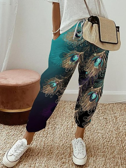 

Feather Pattern Loose Casual Pants, Darkgreen, Pants