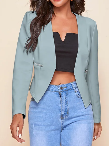 

Women's Urban Casual Plain Zipper Pocket Cropped Blazer Commuter Clothing, Light blue, Blazers