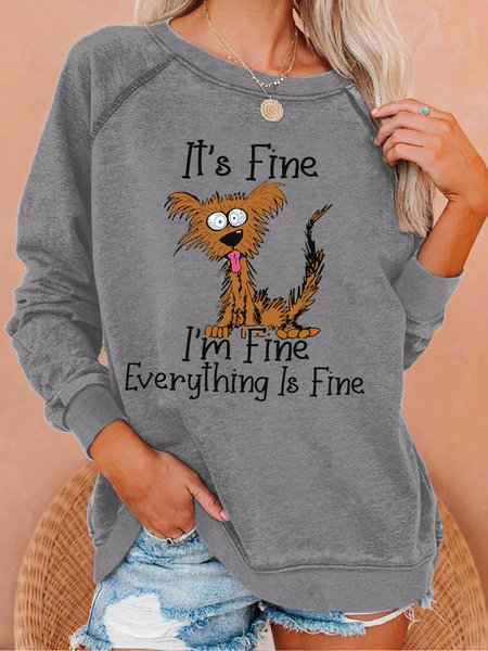 

Women's I'm Fine Funny Crazy Dog Crew Neck Casual Letters Sweatshirt, Gray, Hoodies&Sweatshirts