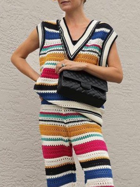 

Urban Color Block V Neck Loose Sweater, Multicolor, Pullovers