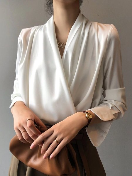 

Long sleeve Regular Fit Elegant Plain Blouse, White, Blouses and Shirts