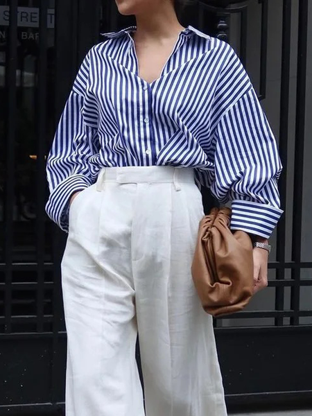 

Shirt Collar Urban Long sleeve Striped Loose Blouse, Stripe-blue, Blouses and Shirts