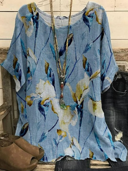 Floral Crew Neck Casual Shirt, Blue, Shirts & Blouses
