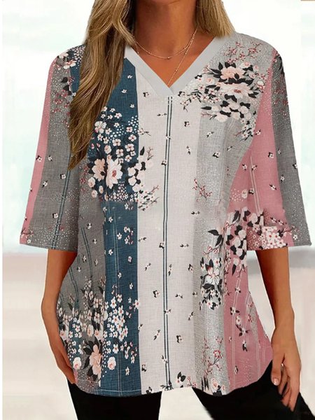 

Casual Floral V Neck Regular Fit T-Shirt, Flower, T-Shirts