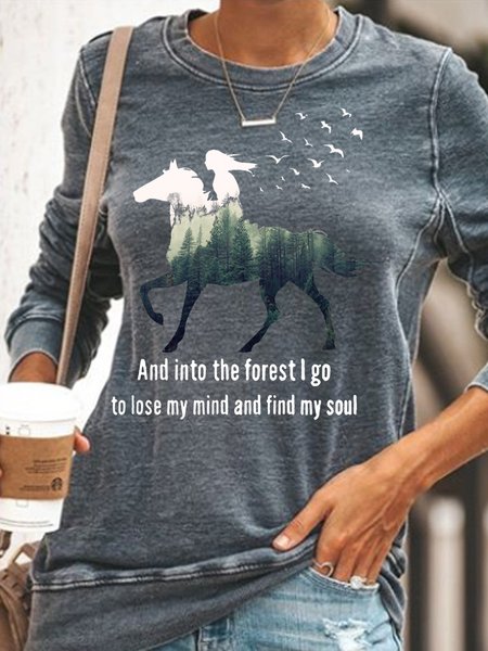 

Women's Into Forest Letters I Go To Lose My Mind And Find My Soul Casual Crew Neck Sweatshirt, Gray, Hoodies&Sweatshirts