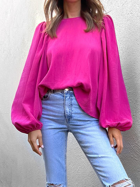

Loose Plain Urban Crew Neck Long sleeve Shirt, Rose red, Blouses and Shirts