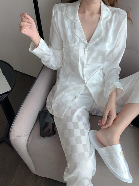 

Regular Sleeve Loose Satin Simple Plaid Pajama Set, Color2, Loungewear & Sleepwear