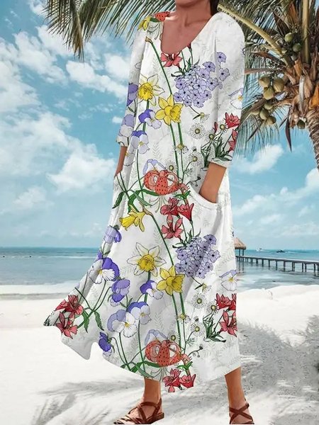 

Floral Loose Crew Neck Casual Dress, White, Dresses