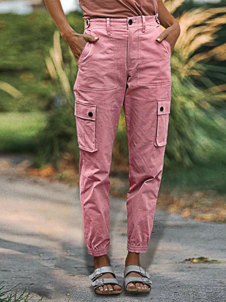 

Casual Cotton Plain High Waist Flap Pocket Cargo Pants, Pink, Pants