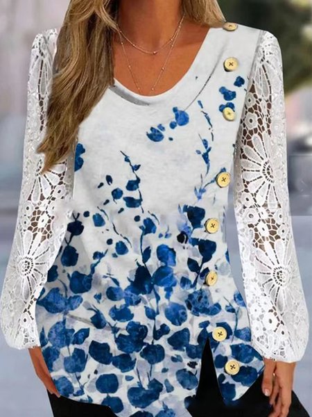 

Casual Floral Crew Neck T-Shirt, Blue, T-Shirts