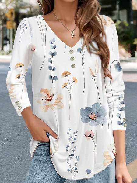 

V Neck Loose Floral Casual T-Shirt, White, T-Shirts