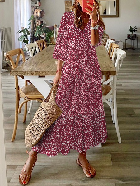 

Loose Casual Disty Floral V Neck Dress, Red, Dresses