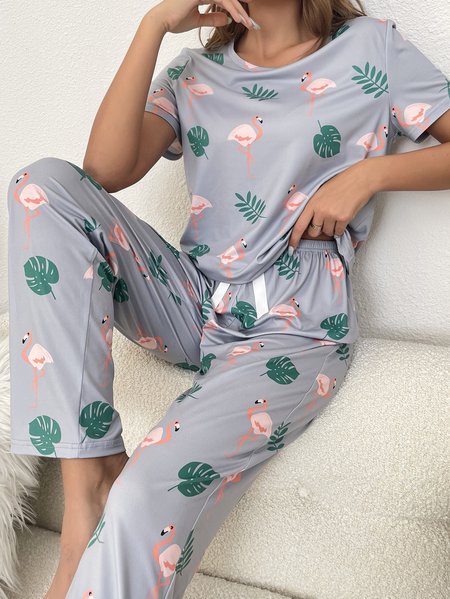 

Casual Flamingo Botanical Pattern Tops Pants Pajama Set Home Daily Women's Clothing, As picture, Loungewear & Sleepwear