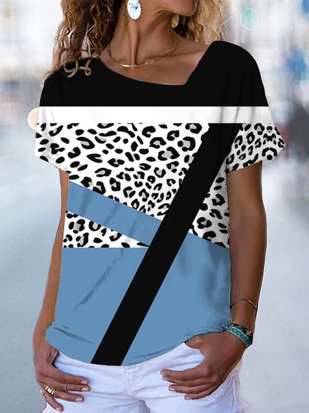 

Casual Geometric Square Neck Regular Fit T-Shirt, Blue, T-Shirts
