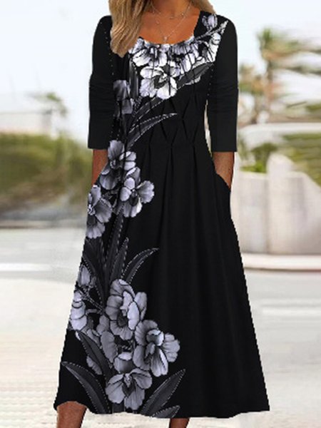 

Casual Floral Square Neck Regular Fit Dress, Black, Dresses