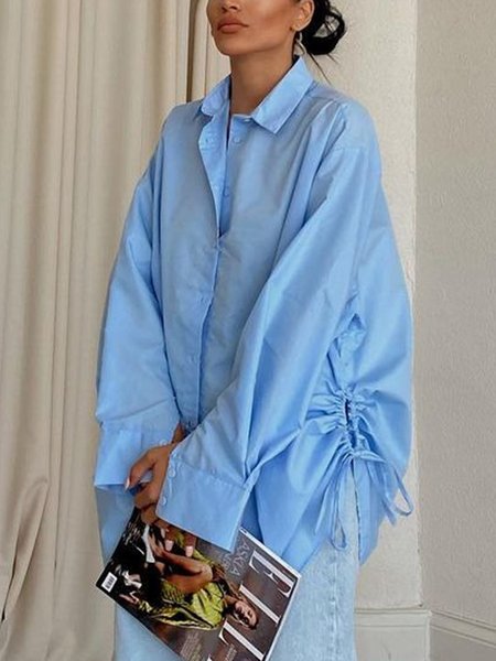 

Shirt Collar Urban Loose Plain Long Sleeve Blouse, Blue, Blouses and Shirts