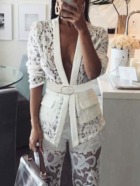 

Plain Lapel Collar Regular Fit Elegant Long Sleeve Blazer, White, Blazers