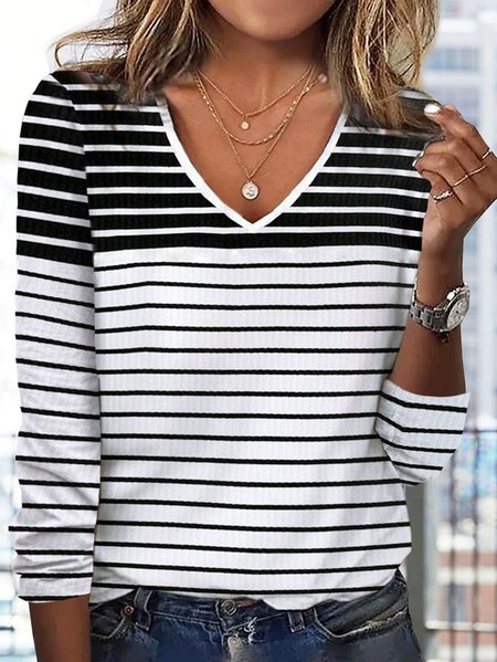 

Casual Striped Printed V-neck Loose T-Shirt, Black-white, T-Shirts