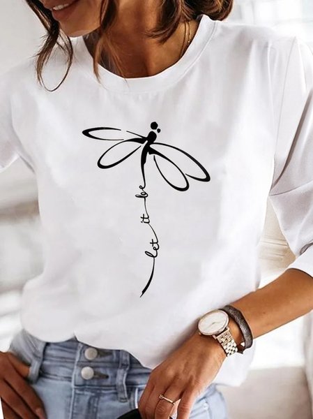 

Women Dragonfly Crew Neck Casual Long Sleeve T-shirt, White, Tees & T-shirts