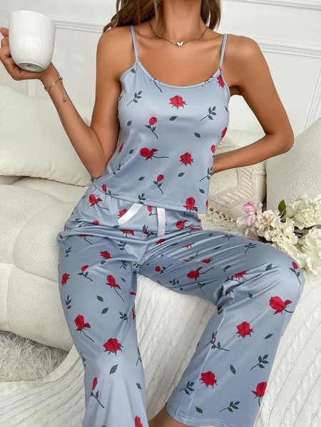 

Women's Rose Floral Pattern Loose Suspender Home Pajama Pants Set, Sky blue, Loungewear & Sleepwear