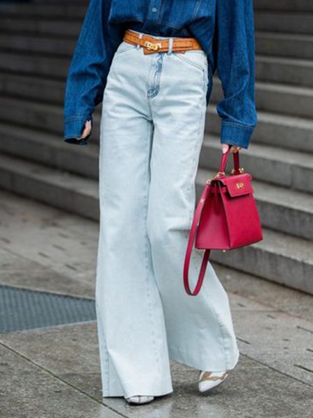 

Urban Plain Denim Wide Leg Jeans, As picture, Jeans