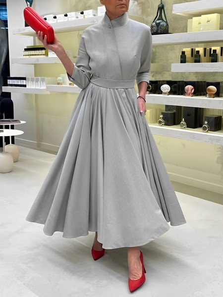

Urban Stand Collar Regular Fit Plain Midi Dress With No Belt, Gray, Midi Dresses