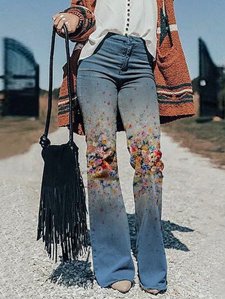 

Women's Urban Casual Floral Denim Distressed Wash Jeans Versatile Clothing, As picture, Jeans