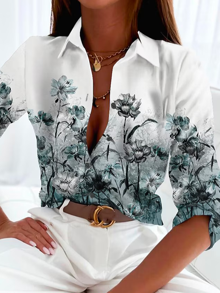 

Shirt Collar Floral Loose Casual Blouse, White, Shirts & Blouses