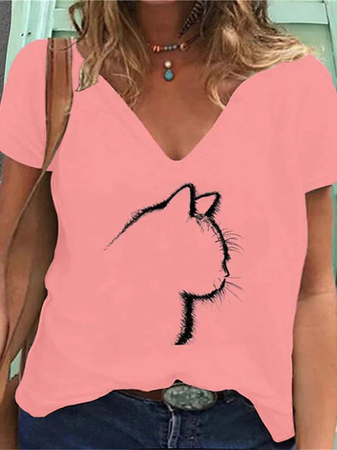 

Women's Cat Graphic Short Sleeve T-Shirt Casual Everyday Clothing, Pink, T-Shirts