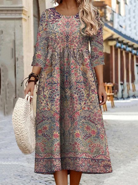 

Ethnic Loose Casual Crew Neck Dress, Brown, Dresses
