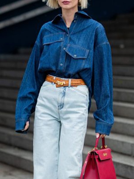 

Urban Plain Shirt Collar Denim Blouse, Blue, Blouses and Shirts
