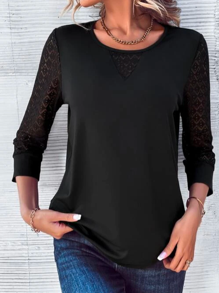 

Plain Elegant Solid Contrast Lace Top, Black, Shirts & Blouses
