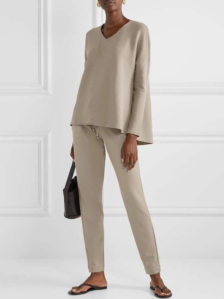 

V Neck Loose Two Piece Top With Pants Set, Khaki, Two-piece Set