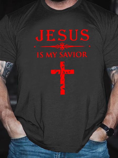 

Men's Jesus Is My Savior Cotton Text Letters Casual T-Shirt, Deep gray, T-shirts