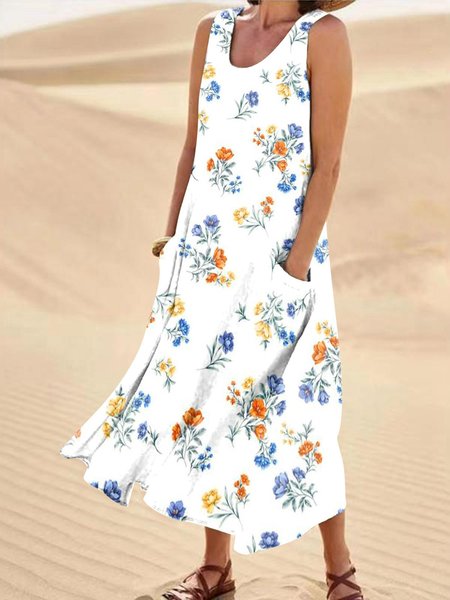 

Casual Floral Crew Neck Regular Fit Dress, Blue, Dresses