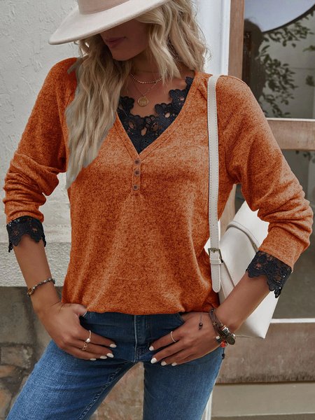 

Women's Breathable Lace Knit V-Neck T-Shirt, Orange, T-Shirts