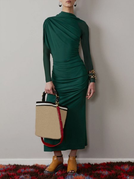 

Elegant Regular Fit Ruched Plain Long Sleeve Dress, Green, Maxi Dresses