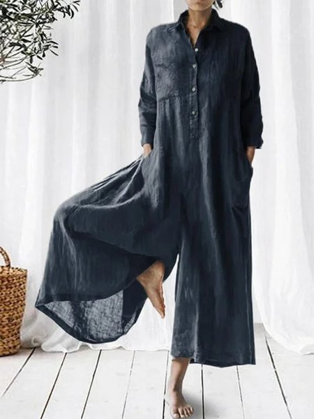 

Shawl Collar Plain Casual Jumpsuit, Dark blue, Jumpsuits＆Rompers