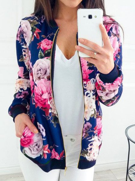 

Floral Zipper Wrap Casual Bomber Jacket, Blue, Jackets