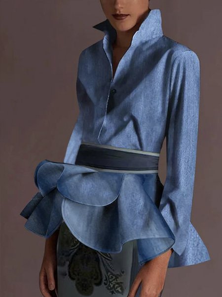 

Faux denim Shirt Collar Plain Urban Regular Fit Blouse, Blue, Blouses and Shirts