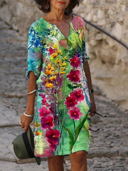 

Casual Floral V Neck Regular Fit Dress, Green, Dresses