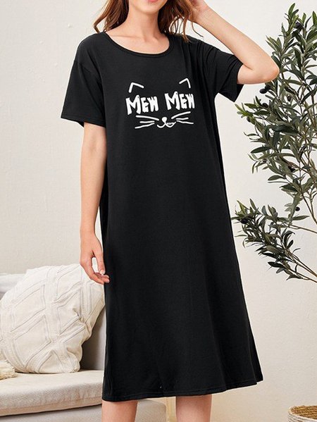 

Women's Alphabet Cat Pattern Round Neck Loose Home Nightdress, Black, Loungewear & Sleepwear